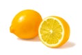 Fresh orange Tashkent lemons or Meyer lemons, one whole and one half isolated on white background with shadow Royalty Free Stock Photo