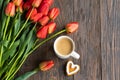 Fresh orange tulips and cappuccino mug with spring composition.