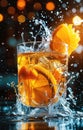 fresh orange vodka cocktail with orange slices and water splashing Royalty Free Stock Photo