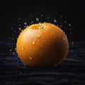 Fresh orange with water droplets splashing on dark background Royalty Free Stock Photo
