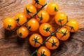 Fresh orange yellow tomatos cherry on wood table