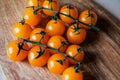 Fresh orange yellow tomatos cherry on wood table