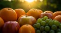 Fresh Oranges Apples and Grapes in Sunlight Royalty Free Stock Photo