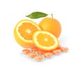 Fresh oranges and blister with cough drops isolated on white Royalty Free Stock Photo