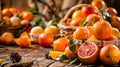 Fresh oranges and blood oranges in woven baskets on rustic wooden table Royalty Free Stock Photo