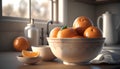 Fresh oranges in a bowl on the kitchen table. 3d rendering