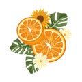 Fresh oranges citrus fruits with flowers and leafs