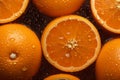 Fresh oranges on a dark background, some whole and some cut in half, covered in water droplets. Royalty Free Stock Photo