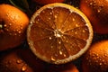 Fresh oranges on a dark background, some whole and some cut in half, covered in water droplets.