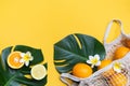 Fresh oranges in a eco bag. Cutted citrus fruit for healthly food. Royalty Free Stock Photo