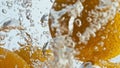 Fresh oranges falling water closeup. Summer sweet fruits splashing liquid in