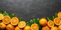fresh Oranges forming at bottom side border over a black background Top view Copy space Generative AI