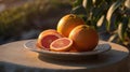 Fresh Ruby Red Grapefruit on Plate Displaying Citrus Fruit Beauty And Natural Light Royalty Free Stock Photo