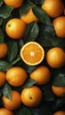 Fresh oranges with green leaves, some cut in half, create vibrant display