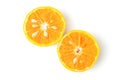 Fresh oranges half cut rich in vitamin C isolated top view on white background and clipping path