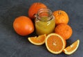 Orange juice and fresh fruits on a table Royalty Free Stock Photo