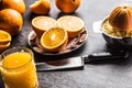 Fresh oranges juicer juice and tropical fruits on concrete board Royalty Free Stock Photo