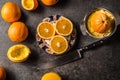 Fresh oranges juicer juice and tropical fruits on concrete board Royalty Free Stock Photo