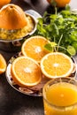 Fresh oranges juicer juice tropical fruits and herbs on concrete board