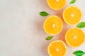 Fresh oranges on on the kitchen board. Top view