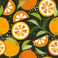 Colorful seamless pattern, ripe oranges, leaves. Decorative background with citrus fruits