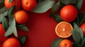 Fresh Oranges with Leaves on Red Background Royalty Free Stock Photo