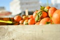 Fresh oranges on the market in wooden box Royalty Free Stock Photo