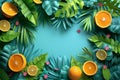 Fresh oranges and vibrant palm leaves arranged on a blue background in a creative collage of paper cutouts