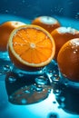 Fresh oranges with water drops on blue background, close-up.