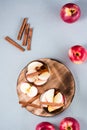 Fresh organic apple cider with cinnamon in glasses and apples on a gray background. Warming winter drinks. Top and vertical view Royalty Free Stock Photo