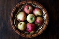 Fresh Organic Apples in wooden basket Dark Moody Background Royalty Free Stock Photo