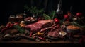 Fresh and organic beef steak with various spices and herbs on a wooden table Royalty Free Stock Photo