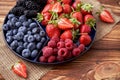 Fresh organic blueberries, blackberries, strawberries, raspberries on a separate dish on a textured wooden background