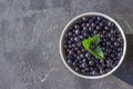 Fresh organic blueberries in a bowl on dark background with copy space