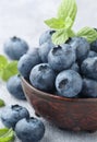 Fresh organic blueberries in a clay bowl