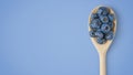 Fresh organic blueberries in wooden spoon isolated on blue background with copy space Royalty Free Stock Photo
