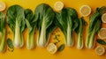 Fresh Organic Bok Choy with Lemon on Vibrant Yellow Background Healthy Leafy Green Vegetarian Vegetables for Nutritious Cooking