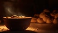 Fresh organic bread in a rustic clay bowl on wooden table generated by AI