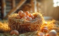 Fresh organic chicken eggs in straw nest on poultry farm with vintage farmhouse in the background Royalty Free Stock Photo