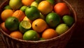 Fresh, organic citrus fruits in a wicker basket, vibrant and healthy generated by AI