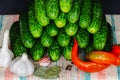 Fresh organic cucumbers, red hot peppers and garlic. Preparing for home pickling. Homemade preserves concept. Closeup