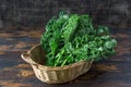 Fresh organic curly kale leaves in a basket on a brown wooden table and on a dark wooden background gmo free,  rustic style, copy Royalty Free Stock Photo