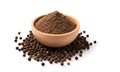 Fresh organic delicious Cubeb pepper powder isolated on white background. Cubeb peppercorns powder