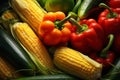 Fresh Organic Farm Produce. Juicy Corn Cobs, Vibrant Sweet Peppers, and Zucchini Close-Up, Top View Royalty Free Stock Photo