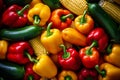 Fresh organic farm produce - sweet corn, assorted peppers, zucchini, top view, close-up