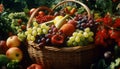 Fresh organic fruit basket with ripe grape, apple, tomato, and strawberry generated by AI Royalty Free Stock Photo