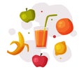 Fresh Organic Fruits and Glass of Juice, Useful Food, Products with Health Benefits, Healthy Diet Concept Cartoon Style