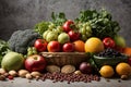 Fresh organic fruits vegetables and beans on a light gray background representing organic food. Royalty Free Stock Photo