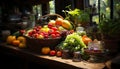 Fresh organic fruits and vegetables in a rustic wicker basket generated by AI Royalty Free Stock Photo