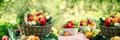 Fresh organic fruits and vegetables in wicker basket and in bowl on table Royalty Free Stock Photo